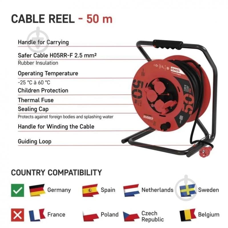 Удлинитель на катушке Emos 2,5 мм² 15A 3500 Вт IP44 резина с заземлением 4 гн. черный 50 м P19221 - фото 5