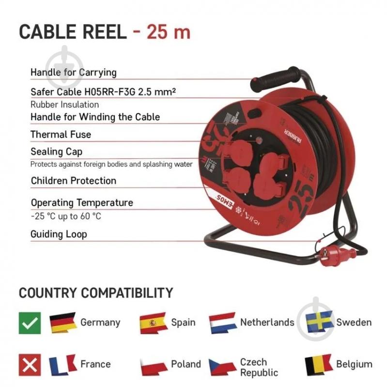 Удлинитель на катушке Emos 2,5 мм2 16A 3680 Вт IP44 резина із заземленням 4 гн. черный 25 м P19625 - фото 5