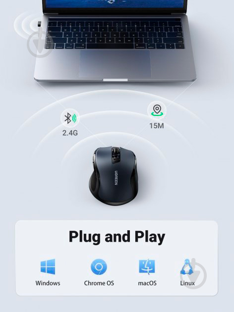 Мышка беспроводная UGREEN MU006 Ergonomic Wireless Mouse 2.4G Wireless & Bluetooth black (90855) - фото 6