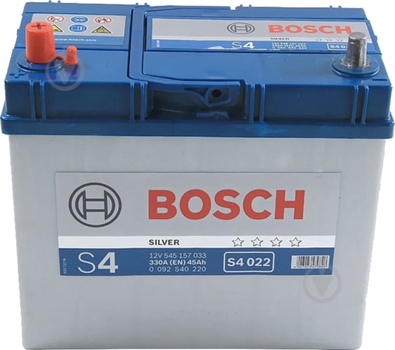 Акумулятор автомобільний Bosch S4 45Ah 330A 12V «+» ліворуч (0092S40220) - фото 1 Акумулятор автомобільний Bosch S4 45Ah 330A 12V «+» ліворуч (0092S40220) - фото 1