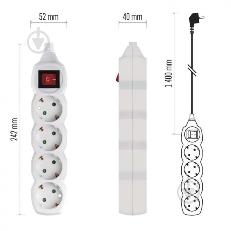 Подовжувач з вимикачем Emos 1 мм² 16A 3680 Вт із заземленням 4 гн. білий 1,4 м P1421 - фото 6