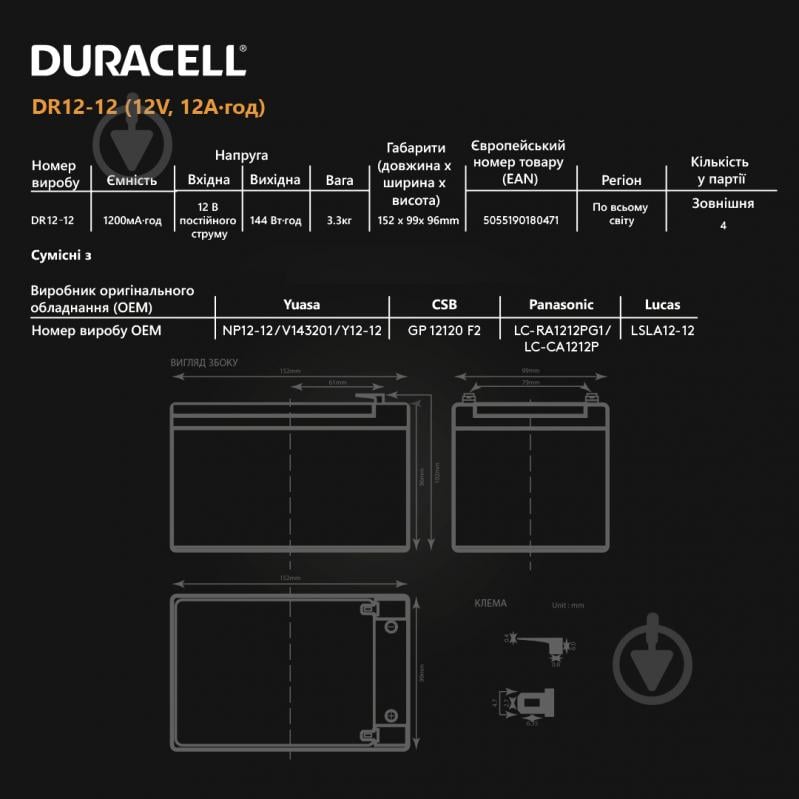 Батарея аккумуляторная Duracell 12V 12Ah AGM (DR12-12) - фото 5