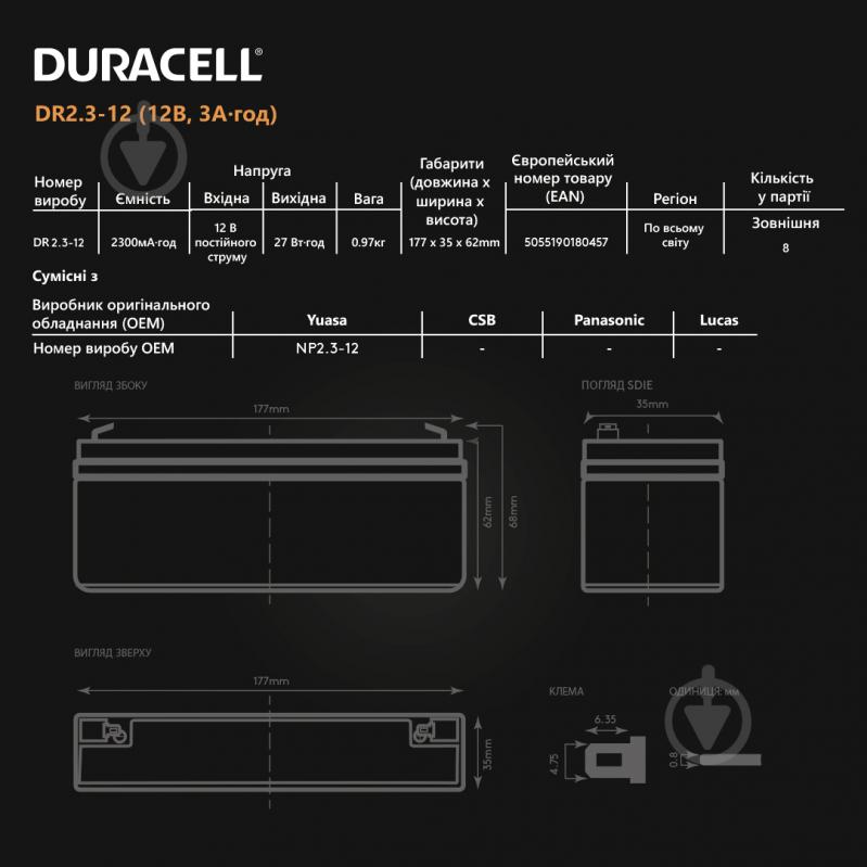 Батарея аккумуляторная Duracell 12V 2.3Ah AGM (DR2.3-12) - фото 4