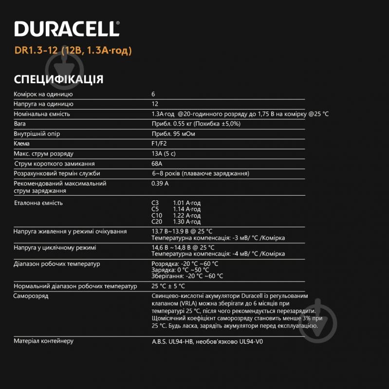 Батарея аккумуляторная Duracell 12V 1.3Ah AGM (DR1.3-12) - фото 5