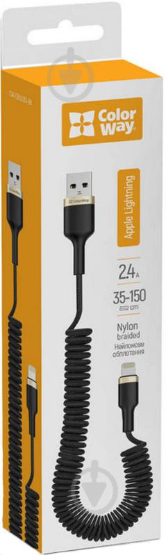 Кабель ColorWay USB - Apple Lightning (spiral) 2.4А 1,5 м black (CW-CBUL051-BK) - фото 1