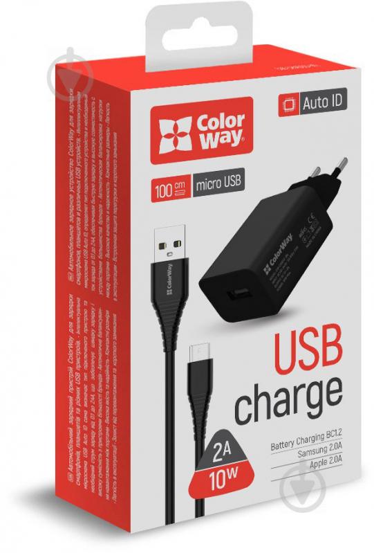 Зарядное устройство ColorWay 1USB AUTO ID 2A (10W) черное + cable micro USB - фото 1