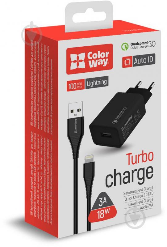 Зарядное устройство ColorWay 1USB Quick Charge 3.0 (18W) черное + cable Lightning - фото 1