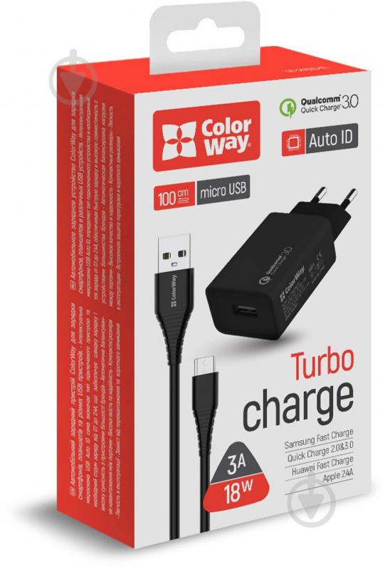 Зарядний пристрій ColorWay 1USB Quick Charge 3.0 (18W) чорне + cable micro USB - фото 1