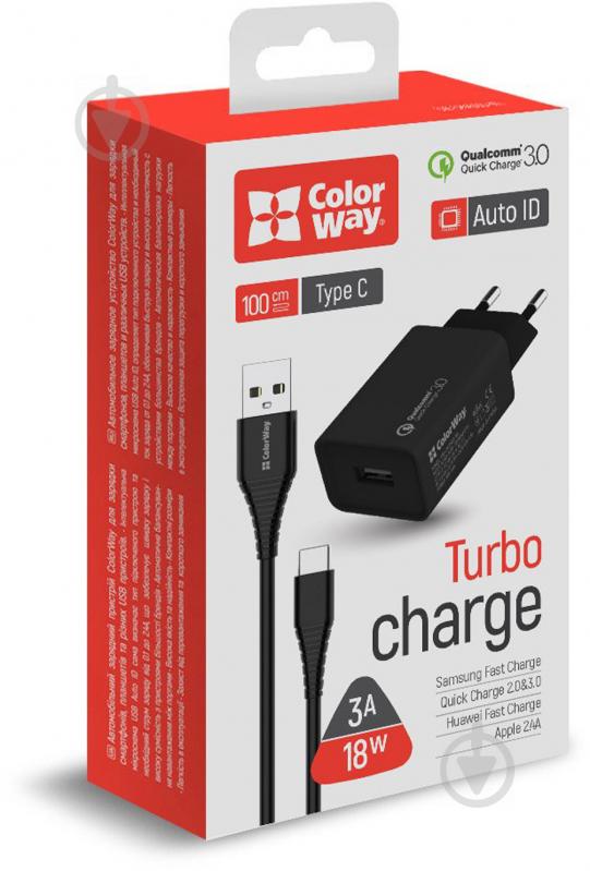 Зарядное устройство ColorWay 1USB Quick Charge 3.0 (18W) черное + cable Type C - фото 1