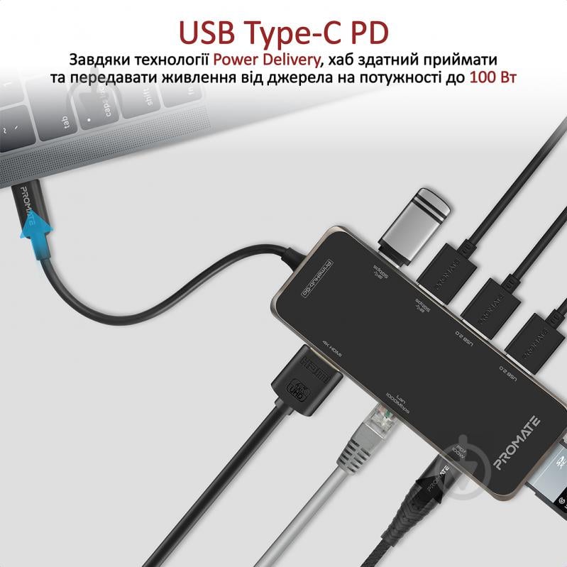 USB-хаб Promate PrimeHub-Go 9-в-1 USB-C PD/HDMI/2xUSB 3.0/2xUSB 2.0/RJ45/SD/MicroSD - фото 3