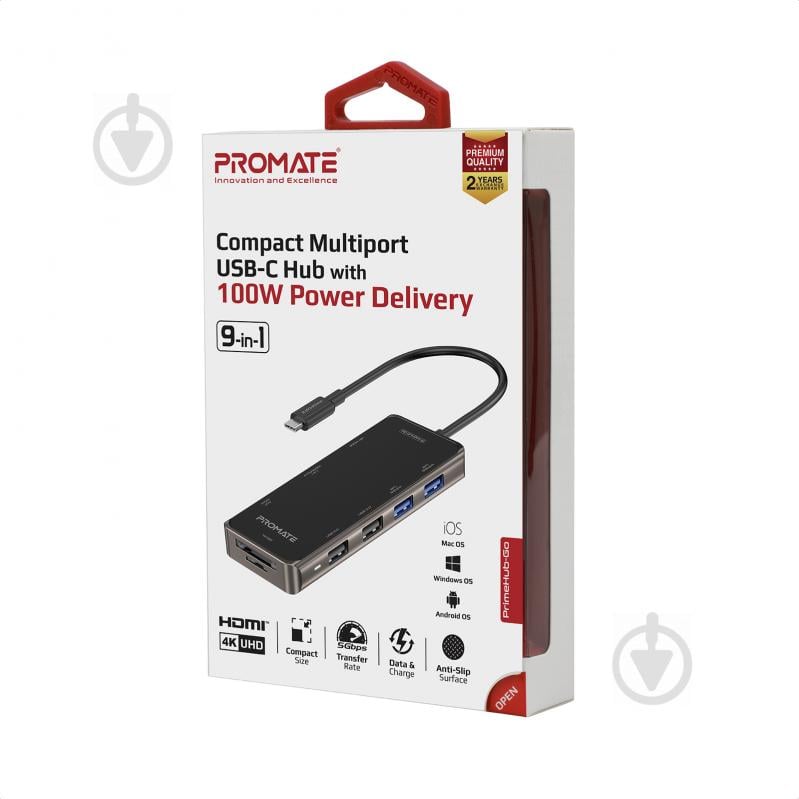 USB-хаб Promate PrimeHub-Go 9-в-1 USB-C PD/HDMI/2xUSB 3.0/2xUSB 2.0/RJ45/SD/MicroSD - фото 8