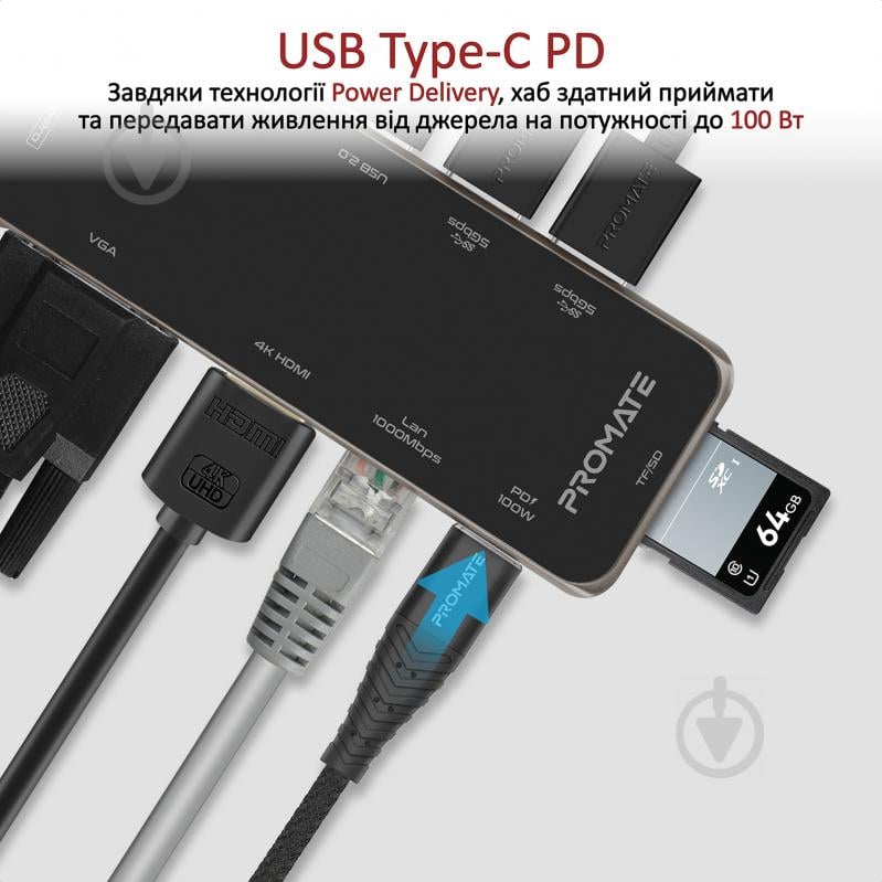 USB-хаб Promate PrimeHub-Pro 11-в-1 USB-C PD/HDMI/VGA/2xUSB 3.0/2xUSB 2.0/RJ45/SD/MicroSD/AUX 3.5 мм - фото 3