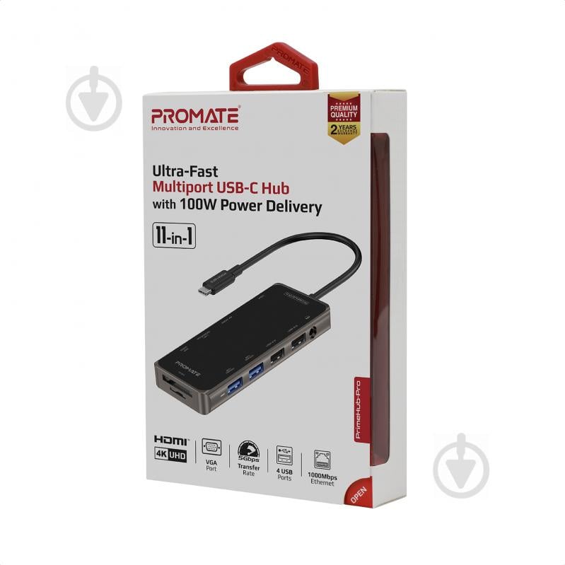 USB-хаб Promate PrimeHub-Pro 11-в-1 USB-C PD/HDMI/VGA/2xUSB 3.0/2xUSB 2.0/RJ45/SD/MicroSD/AUX 3.5 мм - фото 9