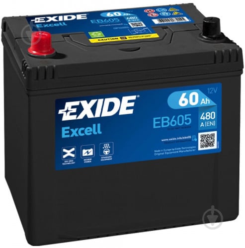 Аккумулятор автомобильный EXIDE Excell 60Ah 390A 12V «+» слева (EB605) - фото 1