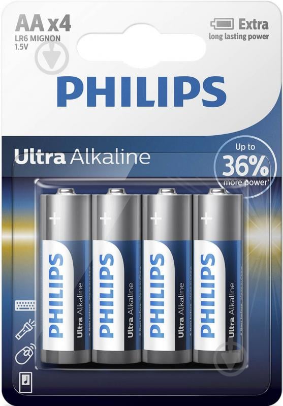 Батарейка Philips Ultra Alkaline AA (R6, 316) 4 шт. (LR6E4B/10) - фото 1