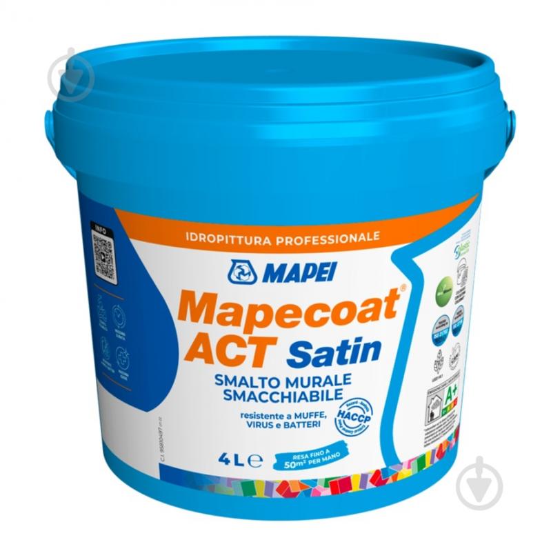 Фарба бактерицидна акрилова Mapei ультрастійка до очищення Mapecoat ACT Satin Base P Сатін напівмат 4 л 4 кг - фото 1 Фарба бактерицидна акрилова Mapei ультрастійка до очищення Mapecoat ACT Satin Base P Сатін напівмат 4 л 4 кг - фото 1