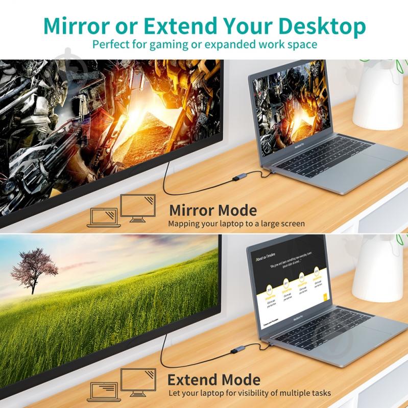 Адаптер Choetech Type-C до Display Port коаксіальний 0,2 м сірий (ADAPT-CHOE-HUB-H11) - фото 5