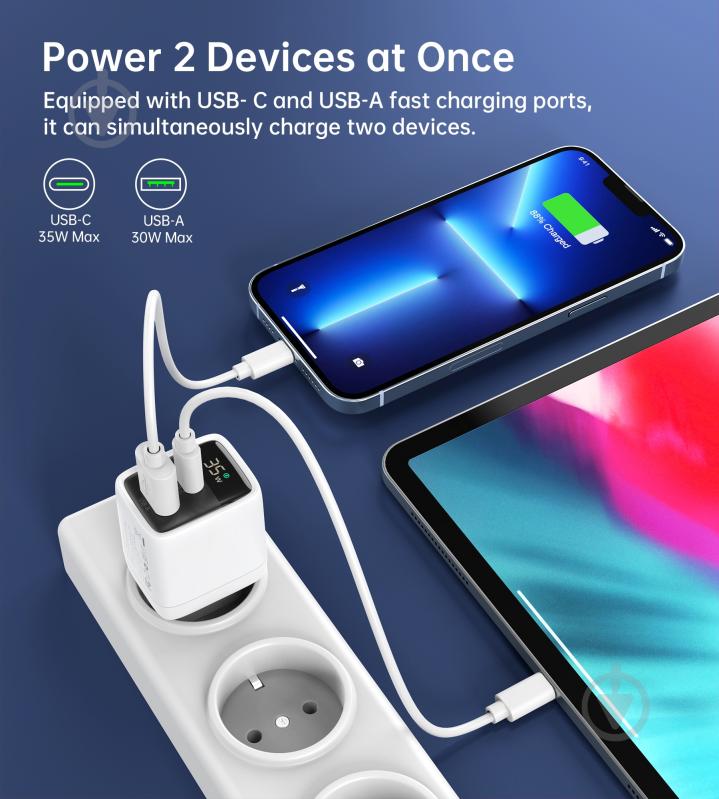 Мережевий зарядний пристрій Choetech PD35W USB 1A+1C з дисплеєм (PD6052-EU-WH) - фото 4