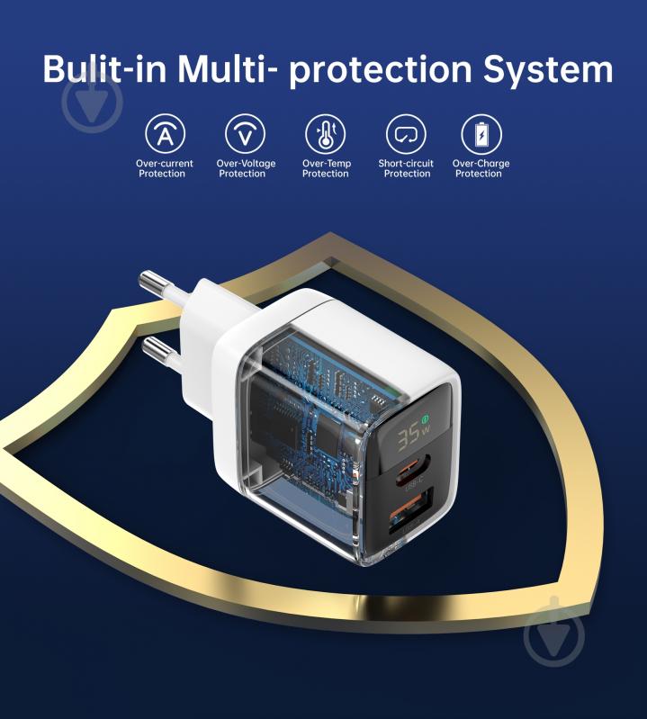 Мережевий зарядний пристрій Choetech PD35W USB 1A+1C з дисплеєм (PD6052-EU-WH) - фото 5