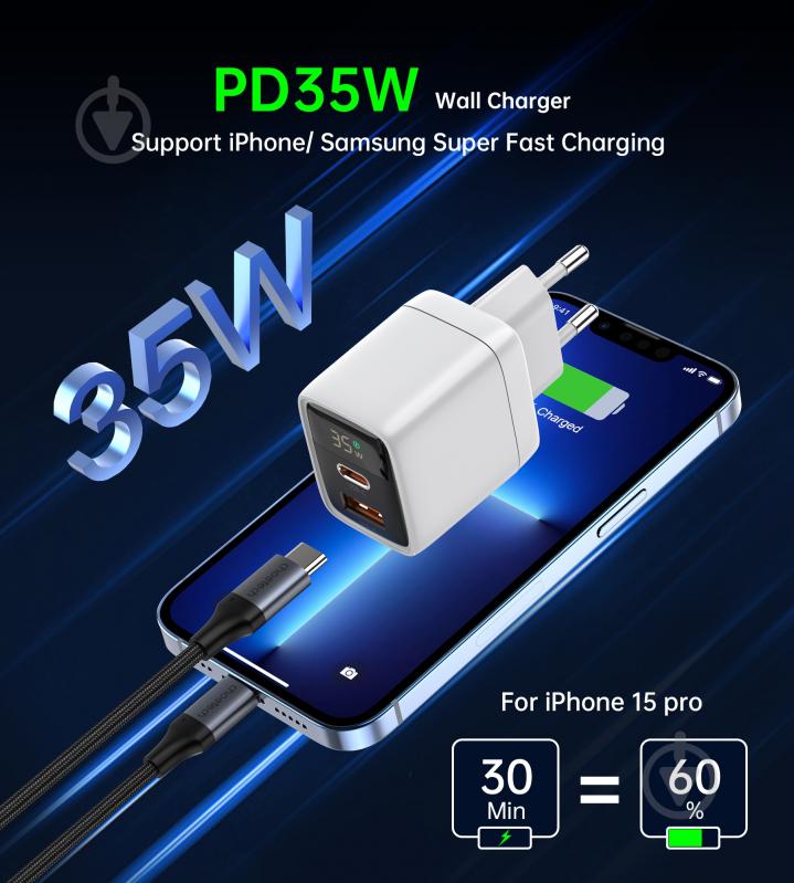 Мережевий зарядний пристрій Choetech PD35W USB 1A+1C з дисплеєм (PD6052-EU-WH) - фото 6