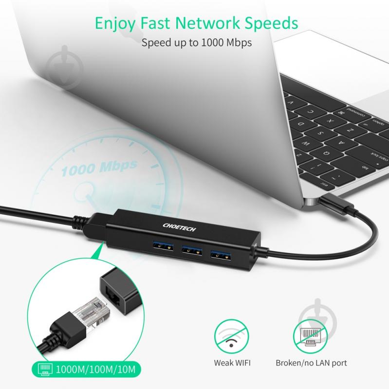 USB-хаб Choetech 4 в 1 USB-C до RJ45 0,12 м чорний (ADAPT-CHOE-HUB-U02) - фото 7