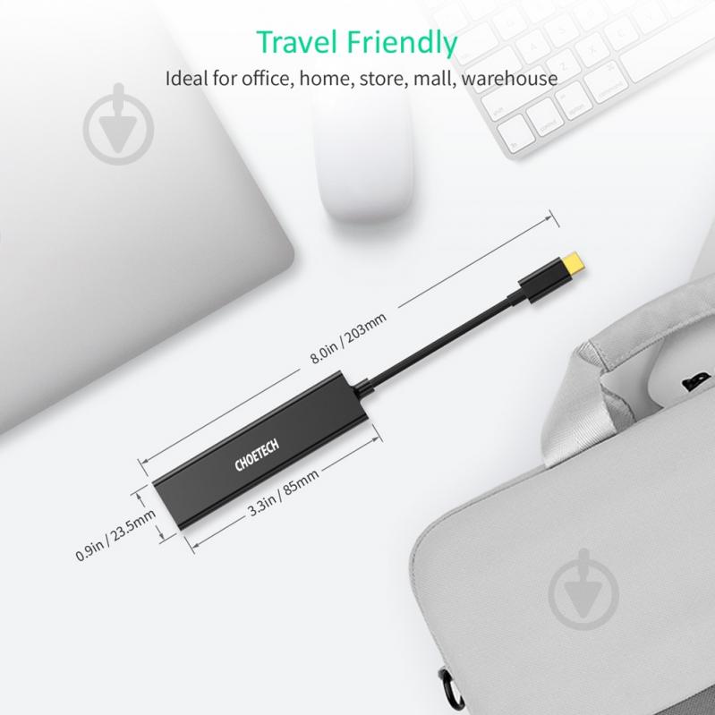 USB-хаб Choetech 4 в 1 USB-C до RJ45 0,12 м чорний (ADAPT-CHOE-HUB-U02) - фото 4