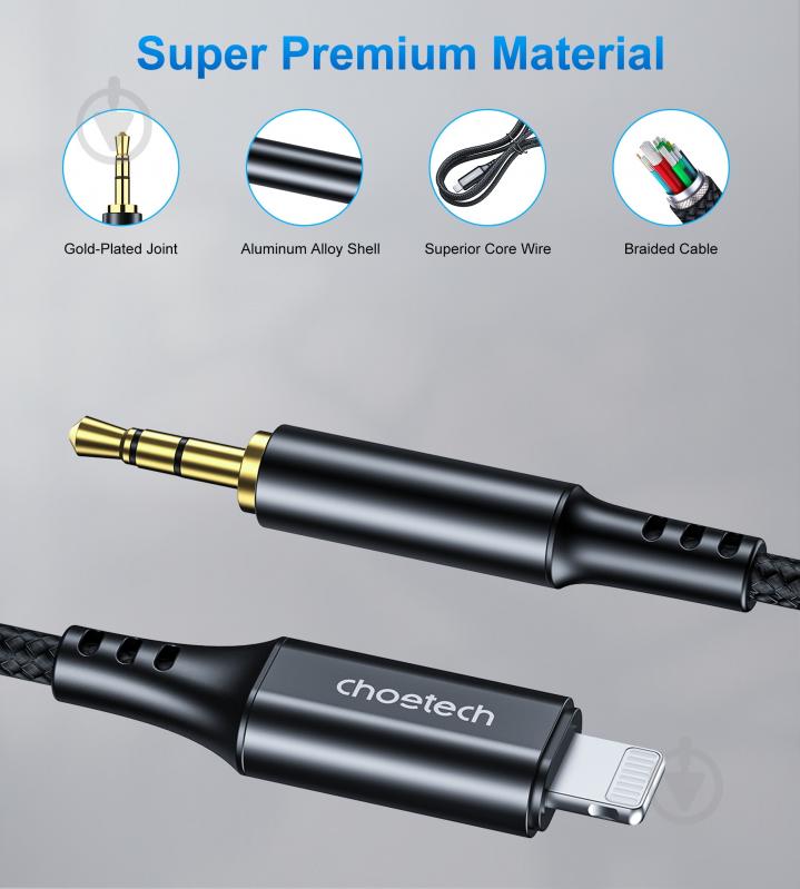 Кабель Choetech Lightning (non-MFi) - AUX 3,5 мм male (AUX007) 1 м чорний (CAB-CHOE-LIGHT-AUX-1) - фото 3