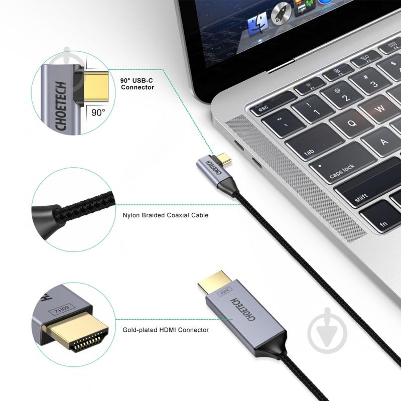 Кабель Choetech Type-C - HDMI L-форма (XCH-1803) 1,8 м чорний (CAB-CHOE-TYPC-HDMI-L) - фото 3