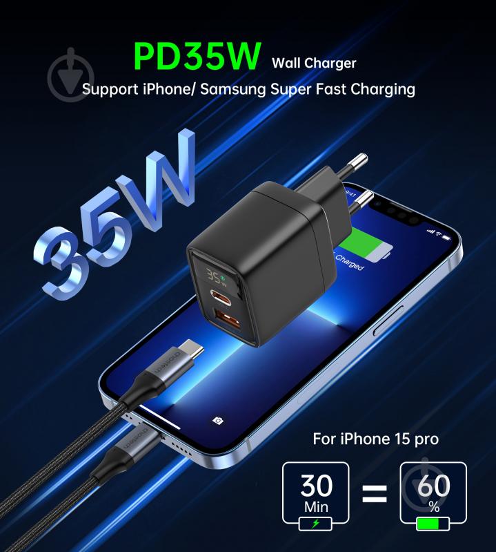 Мережевий зарядний пристрій Choetech PD35W USB 1A+1C з дисплеєм (PD6052-EU-BK) - фото 3