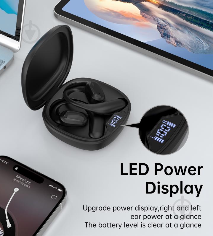 Навушники бездротові Choetech Open-ear з LED-дисплеєм (HEAD-CHOE-BH-T25-BK) - фото 3