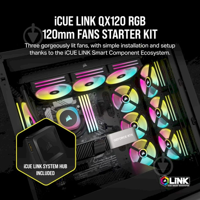 Корпусний кулер Corsair Link QX120 RGB PWM PC Fans Starter Kit with iCUE Link System Hub (CO-9051002-WW) Black - фото 16