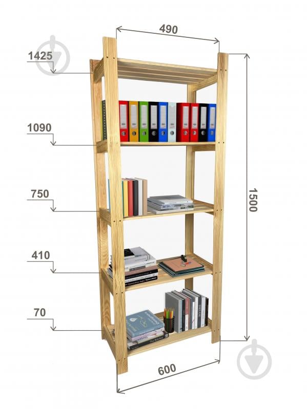 Стеллаж деревянный Massiv 1500x600x300 мм натуральный дерево полки 5 шт. без покрытия - фото 4