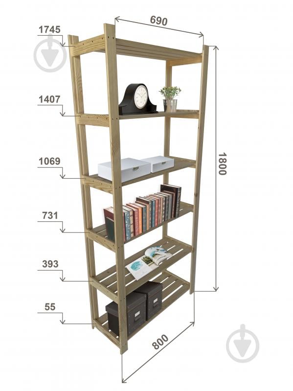 Стелаж дерев'яний Massiv 1800x800x300 мм натуральний дерево полиці 6 шт. без покриття - фото 3