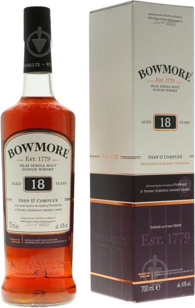 Виски Bowmore 18 лет выдержки в подарочной упаковке 43% 0,7 л - фото 1 Виски Bowmore 18 лет выдержки в подарочной упаковке 43% 0,7 л - фото 1