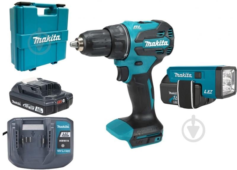 Шуруповерт акумуляторний Makita LXT Basic DDF490WV + акумулятор 2 Аг BLB182 + зарядний пристрій DCB18WA + ліхтар