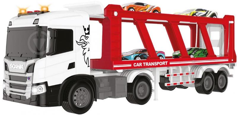 Игровой набор TechnoDrive Large Truck Автоперевозчик Scania 4 машины свет звук 6414KS - фото 1 Игровой набор TechnoDrive Large Truck Автоперевозчик Scania 4 машины свет звук 6414KS - фото 1