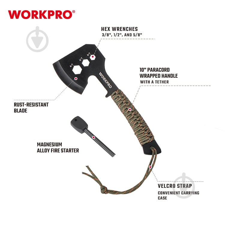 Топор WORKPRO туристический (паракорд) PRO WP383002 - фото 4 Топор WORKPRO туристический (паракорд) PRO WP383002 - фото 4