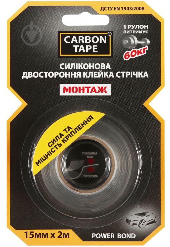 Двостороння монтажна клейка стрічка CARBON TAPE POWER BOND PB152 для важких предметів 15 мм х 1 мм х 2 м прозорий - фото 1