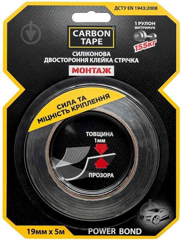 Двостороння монтажна клейка стрічка CARBON TAPE POWER BOND PB195 для важких предметів 19 мм х 1 мм х 5 м прозорий - фото 1