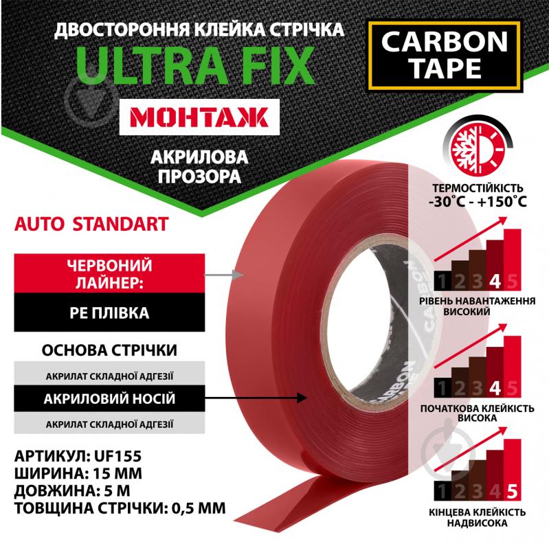 Двухсторонняя монтажная клеющая лента CARBON TAPE ULTRA FIX UF122 повышенной клейкости 12 мм х 0,5 мм х 2 м прозрачный - фото 3