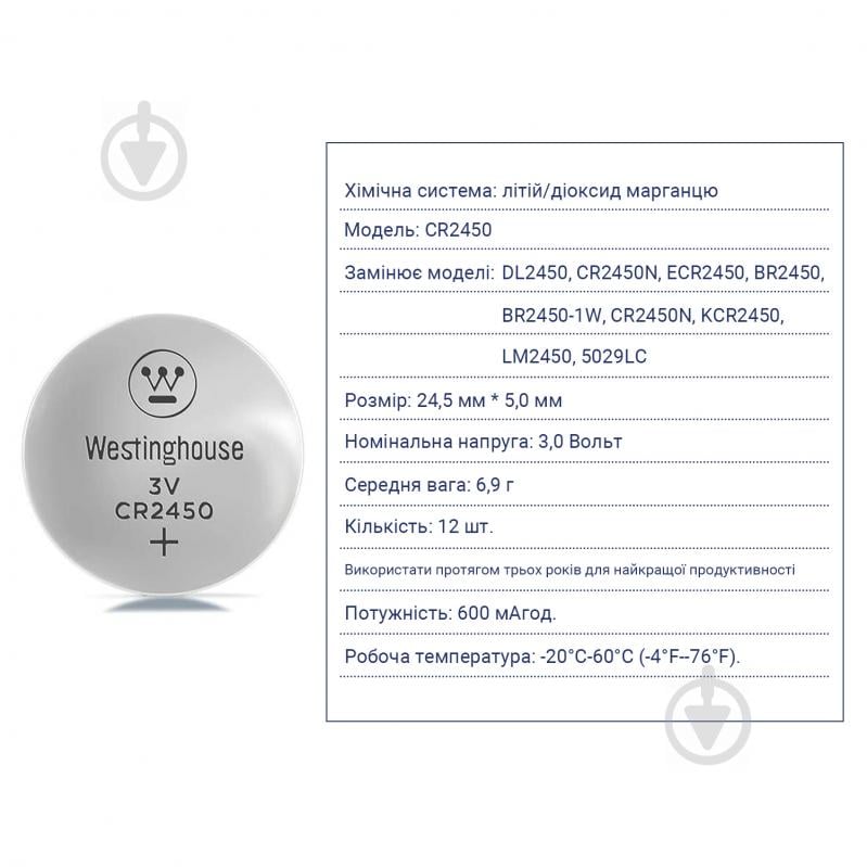 Батарейка Westinghouse Lithium CR2450 1 шт. (CR2450-BP1) - фото 3