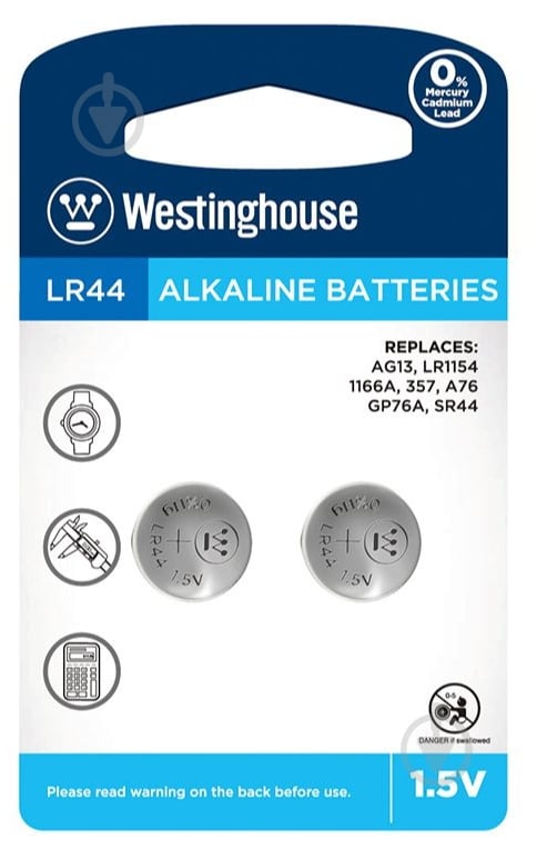 Батарейка Westinghouse Alkaline AG13 2 шт. (LR44-BP2(AG13-BP2)) - фото 1