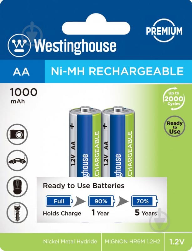 Аккумулятор Westinghouse PREMIUM Ni-Mh 1000mAh AA (R6, 316) 2 шт. (NH-AA1000ARBP2) - фото 1