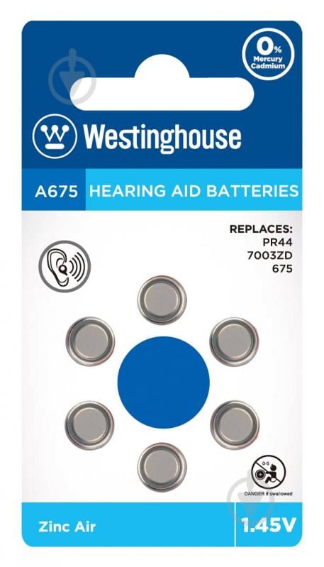 Батарейки Westinghouse для слуховых аппаратов 675 (PR44) 6 шт. (A675-BP6) - фото 1 Батарейки Westinghouse для слуховых аппаратов 675 (PR44) 6 шт. (A675-BP6) - фото 1