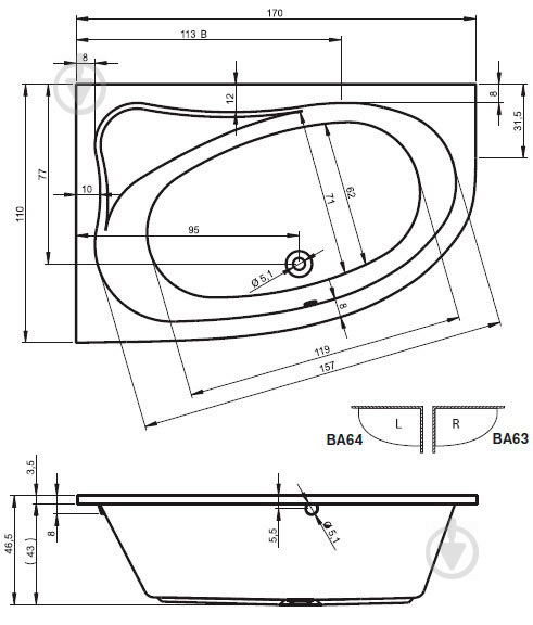 Ванна акрилова RIHO Lyra 170х110 см R - фото 3