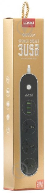 Фильтр-удлинитель LDNIO SC3301 3 USB 1.6 м с заземлением 3 гн. черный SC3301 - фото 6