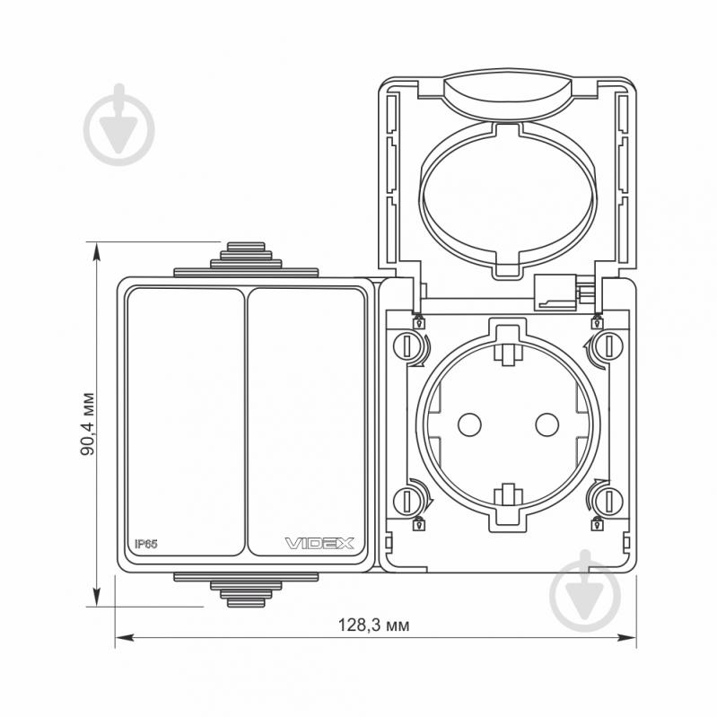 Розетка + вимикач двоклавішний вологозахищена подвійна із заземленням Videx Binera IP65 сірий VF-BNW32-G - фото 2