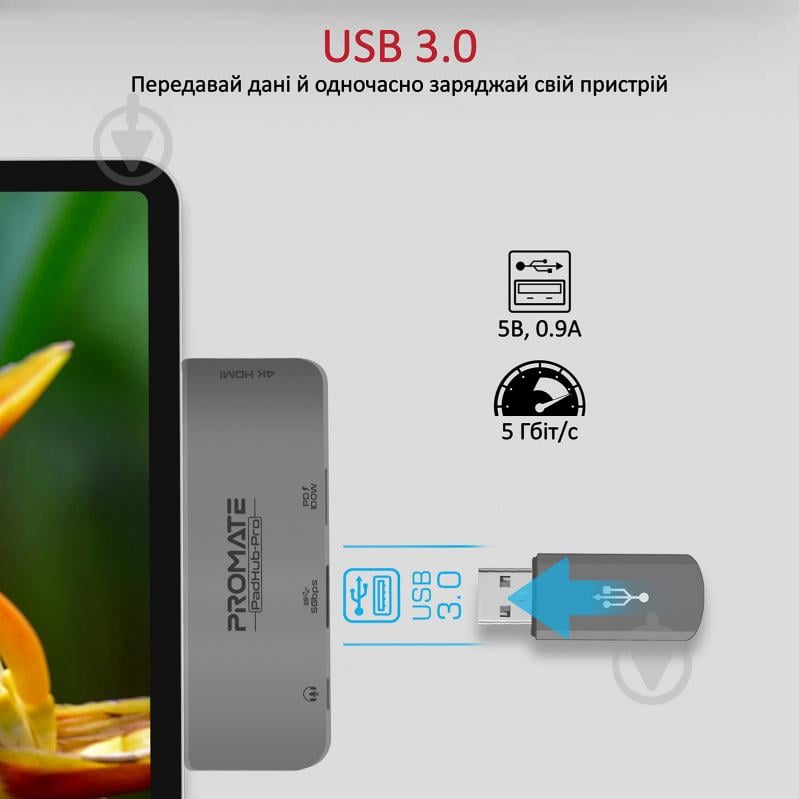 USB-хаб Promate PadHub-Pro USB-C PD/HDMI/USB 3.0/AUX 3.5 мм - фото 4