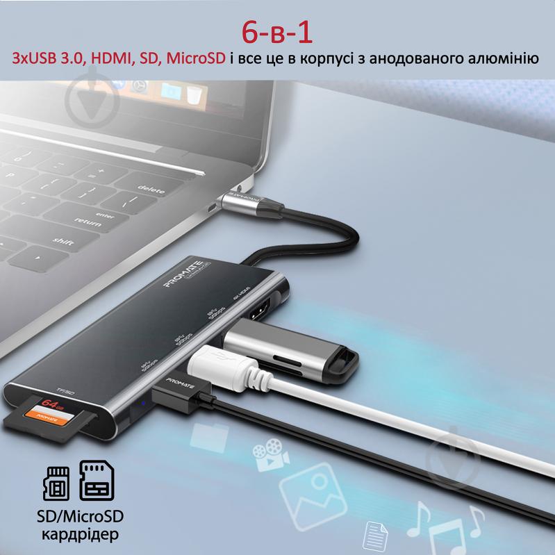 USB-хаб Promate LinkHub-C2 HDMI/3xUSB 3.0/SD/MicroSD - фото 2