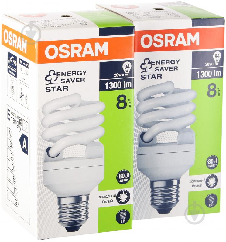 Лампа КЛЛ Osram 2 шт. в упаковке 20 Вт E27 4000 К 230 В 4052899916401 - фото 2